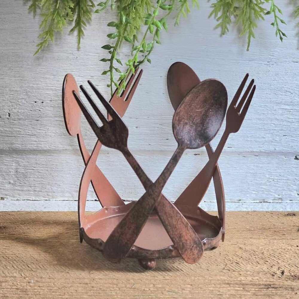Distressed Brown Metal Fork Spoon Pillar Candle Holder Primitive Farmhouse Decor